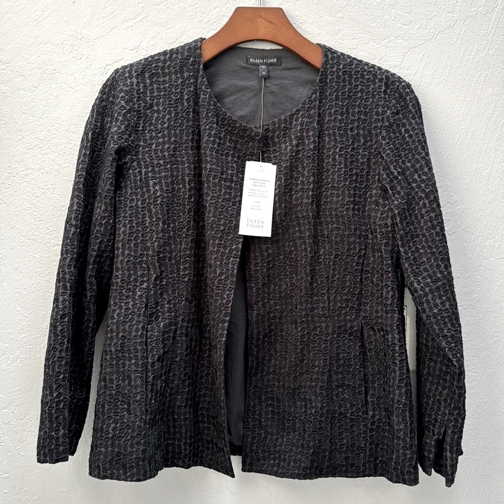 Eileen Fisher round neck jacket with embroidered cotton squares Graphite XS